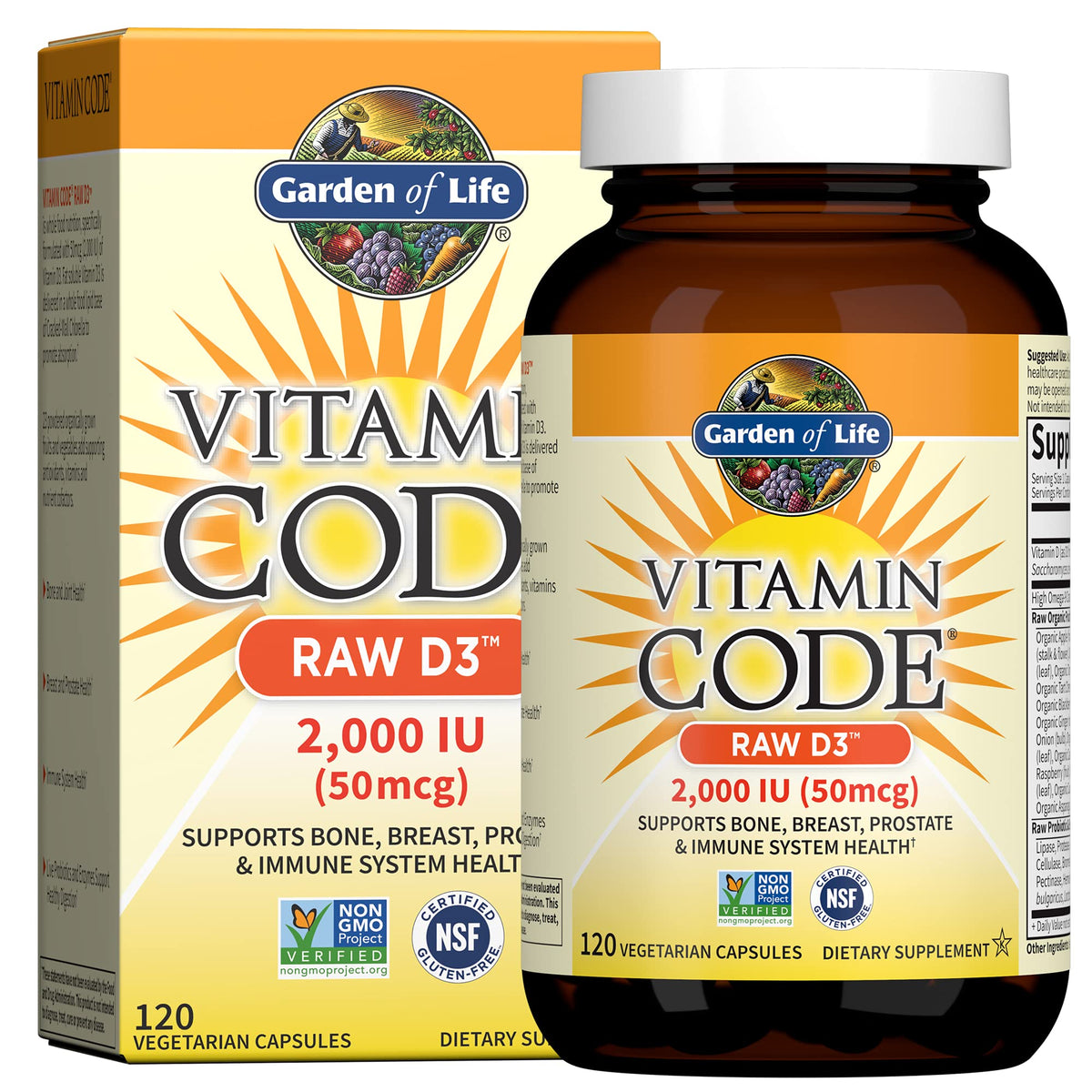 Garden of Life Vitamin D3 2000 IU bottle with whole-food base enhances absorption.