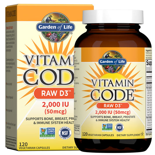 Garden of Life Vitamin D3 2000 IU bottle with whole-food base enhances absorption.
