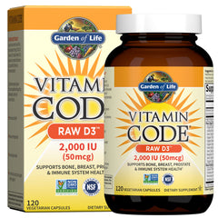 Garden of Life Vitamin D3 2000 IU bottle with whole-food base enhances absorption.