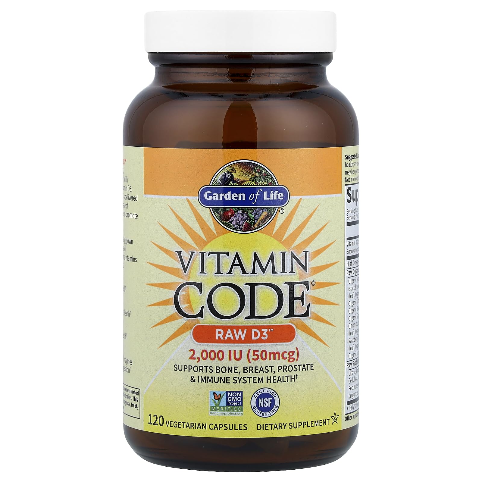 Garden of Life Vitamin D3 capsule contains probiotics and enzymes to support digestion.
