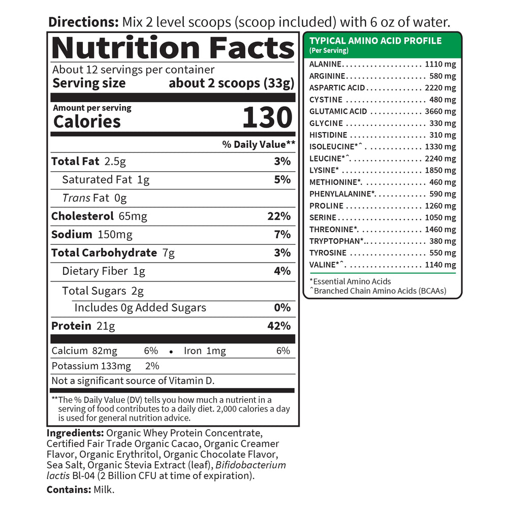 Garden of Life whey protein powder chocolate cacao serving with blender bottle suggests easy pre/post workout use.