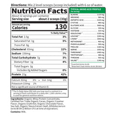 Garden of Life whey protein powder chocolate cacao serving with blender bottle suggests easy pre/post workout use.
