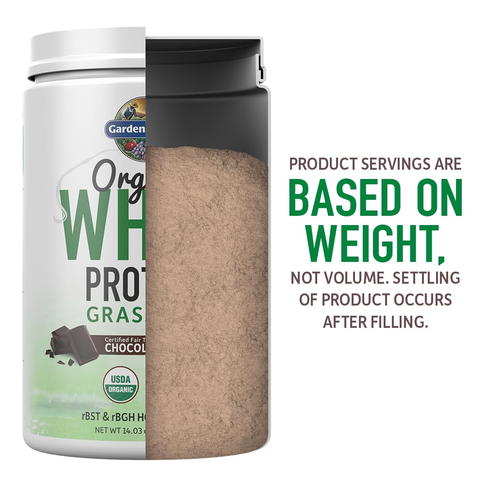 Garden of Life whey protein powder chocolate cacao packaging highlights gluten-free and kosher certs.
