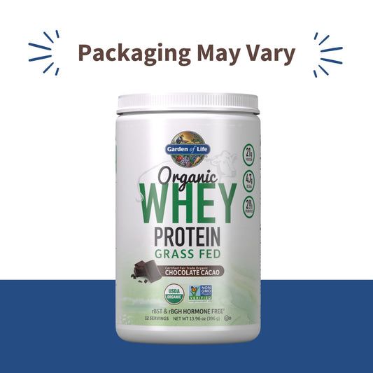 Garden of Life whey protein powder chocolate cacao scoop illustrates quick mix for smoothies.