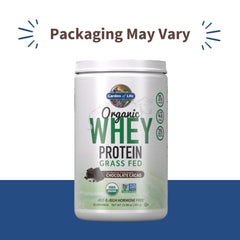 Garden of Life whey protein powder chocolate cacao scoop illustrates quick mix for smoothies.