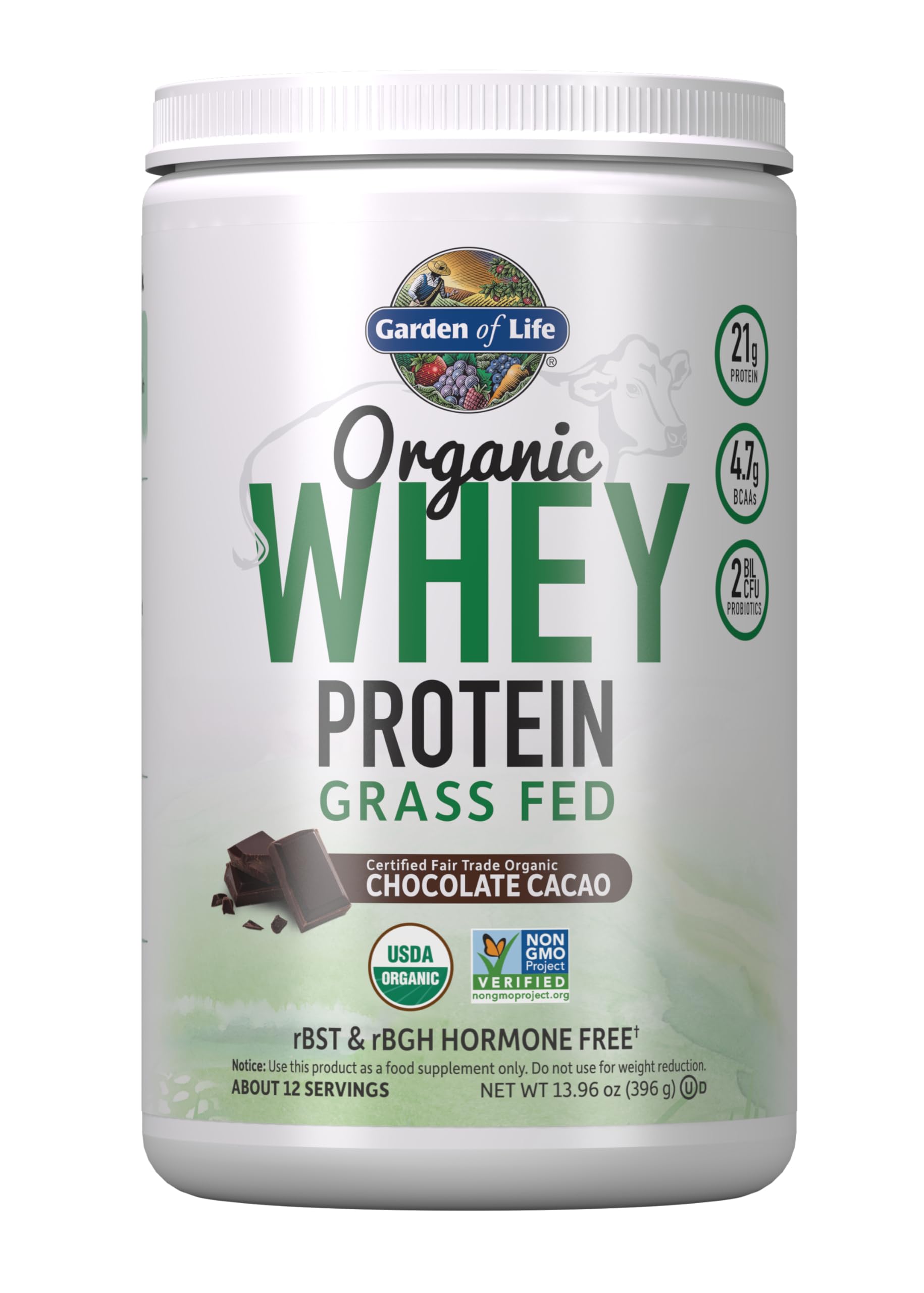 Garden of Life Whey Protein Powder Chocolate Cacao tub for muscle support and convenient pre-workout refuel.