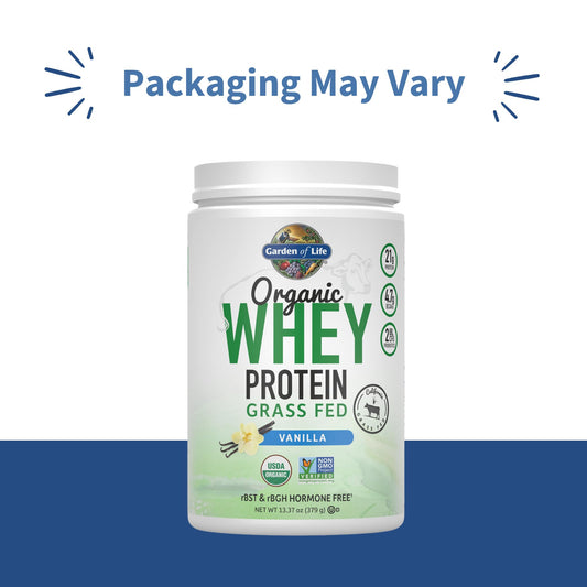 Garden of Life whey vanilla shake in glass shows creamy post-workout texture.