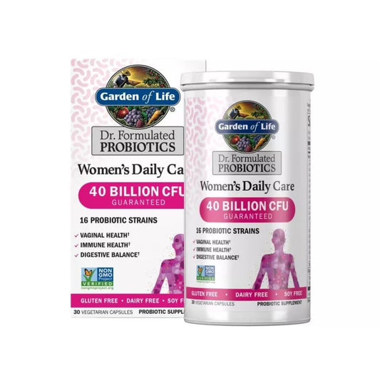Garden of Life Women's Daily Care Probiotics capsules close-up highlighting easy-to-take daily use