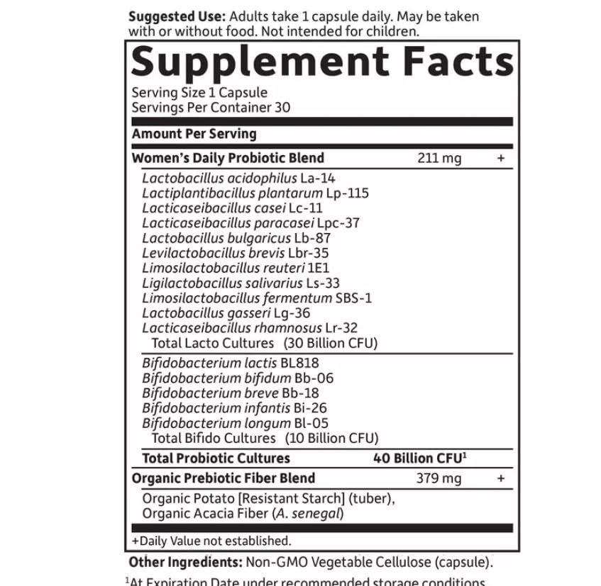 Garden of Life Women's Daily Care Probiotics packaging shows vegetarian-friendly, gluten-free, dairy-free features