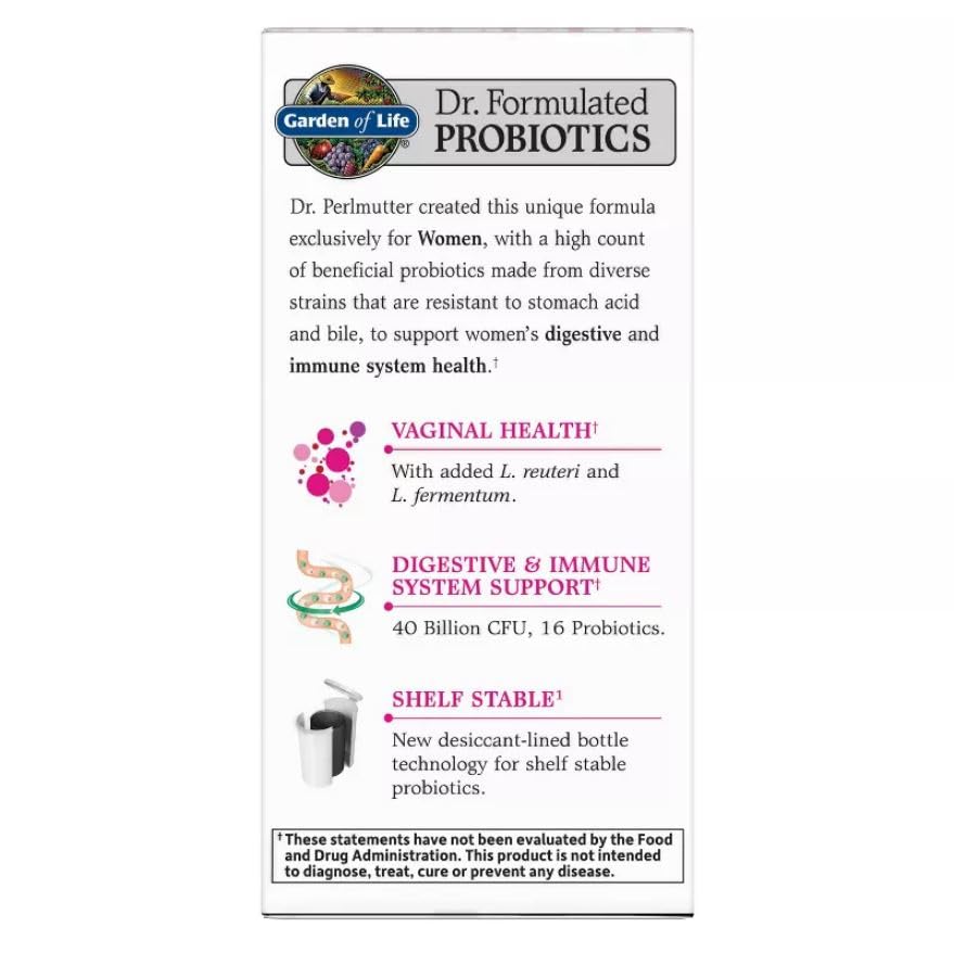 Garden of Life Women's Daily Care Probiotics bottle with L. acidophilus and B. lactis imagery