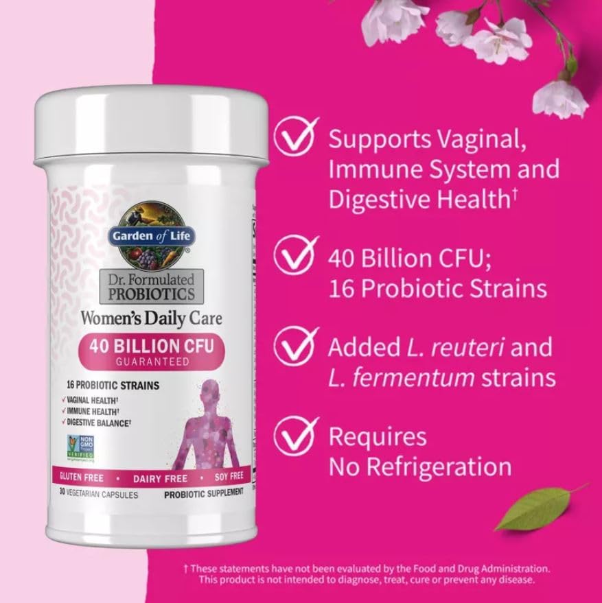 Garden of Life Women's Daily Care Probiotics label highlights eight strains for holistic gut support