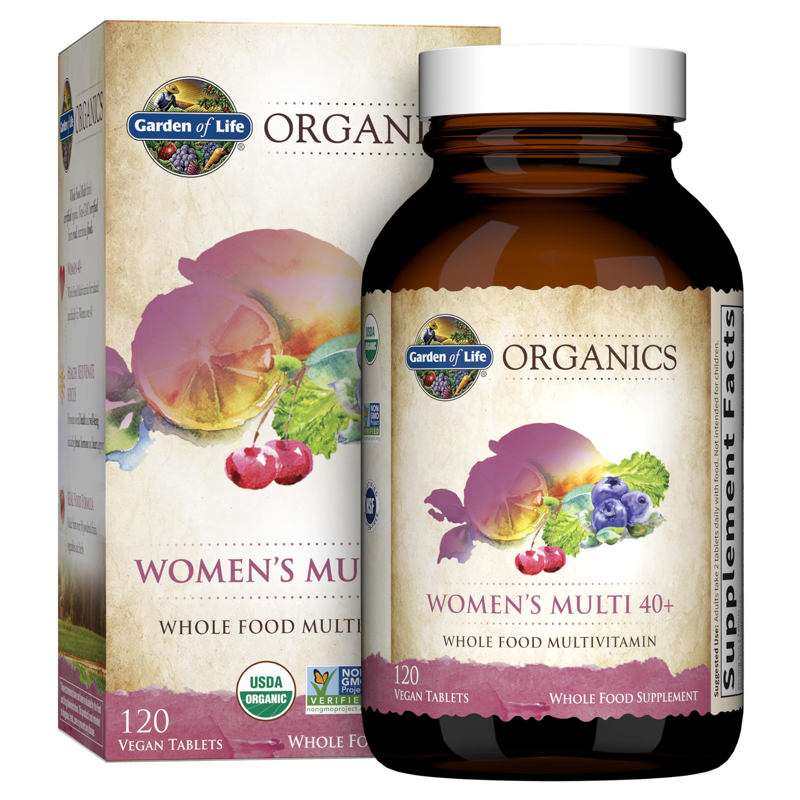 Garden of Life Women's Multivitamin bottle front highlights organic ingredients and on-the-go energy support.