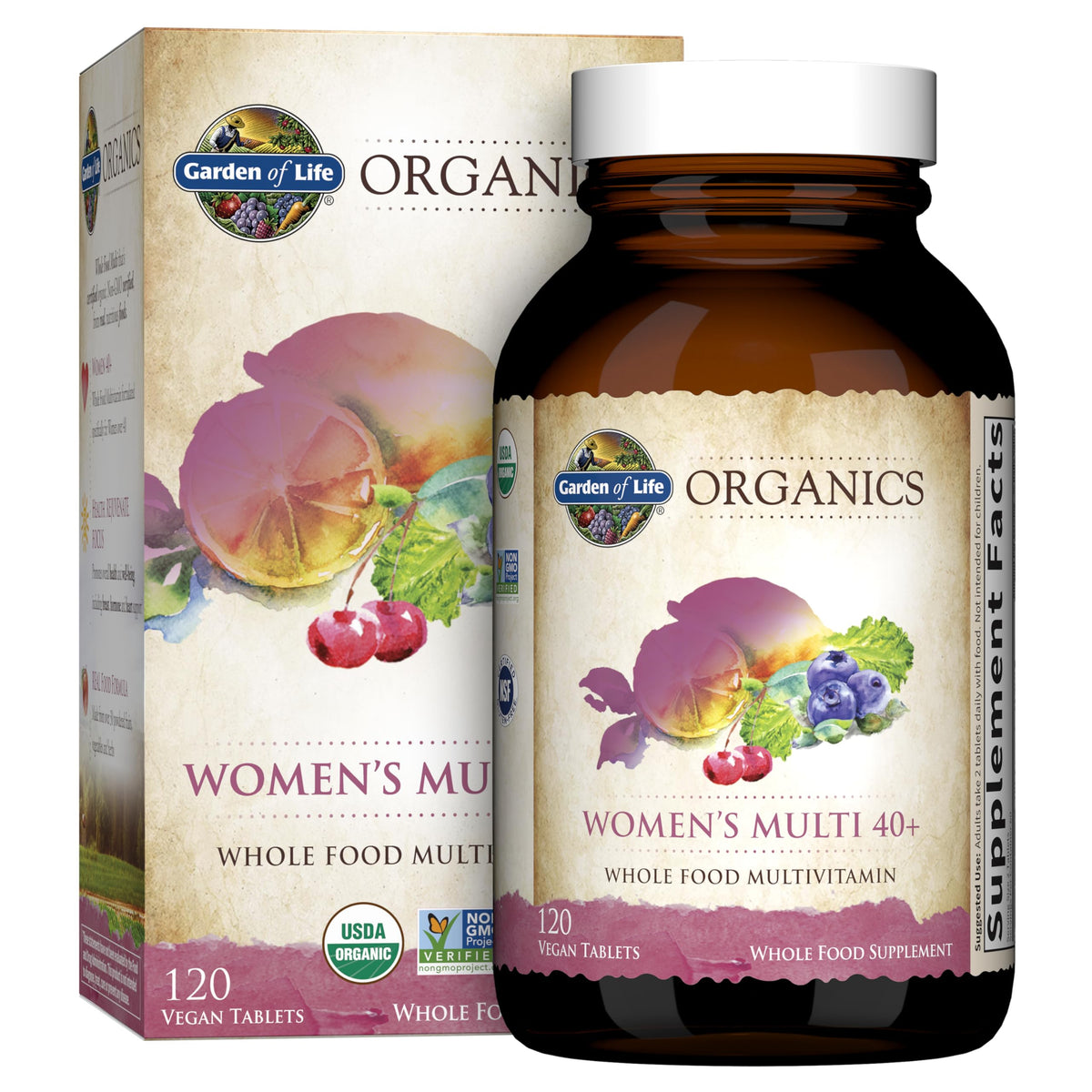 Garden of Life Women's Multivitamin bottle front highlights organic ingredients and on-the-go energy support.