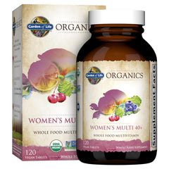 Garden of Life Women's Multivitamin bottle front highlights organic ingredients and on-the-go energy support.