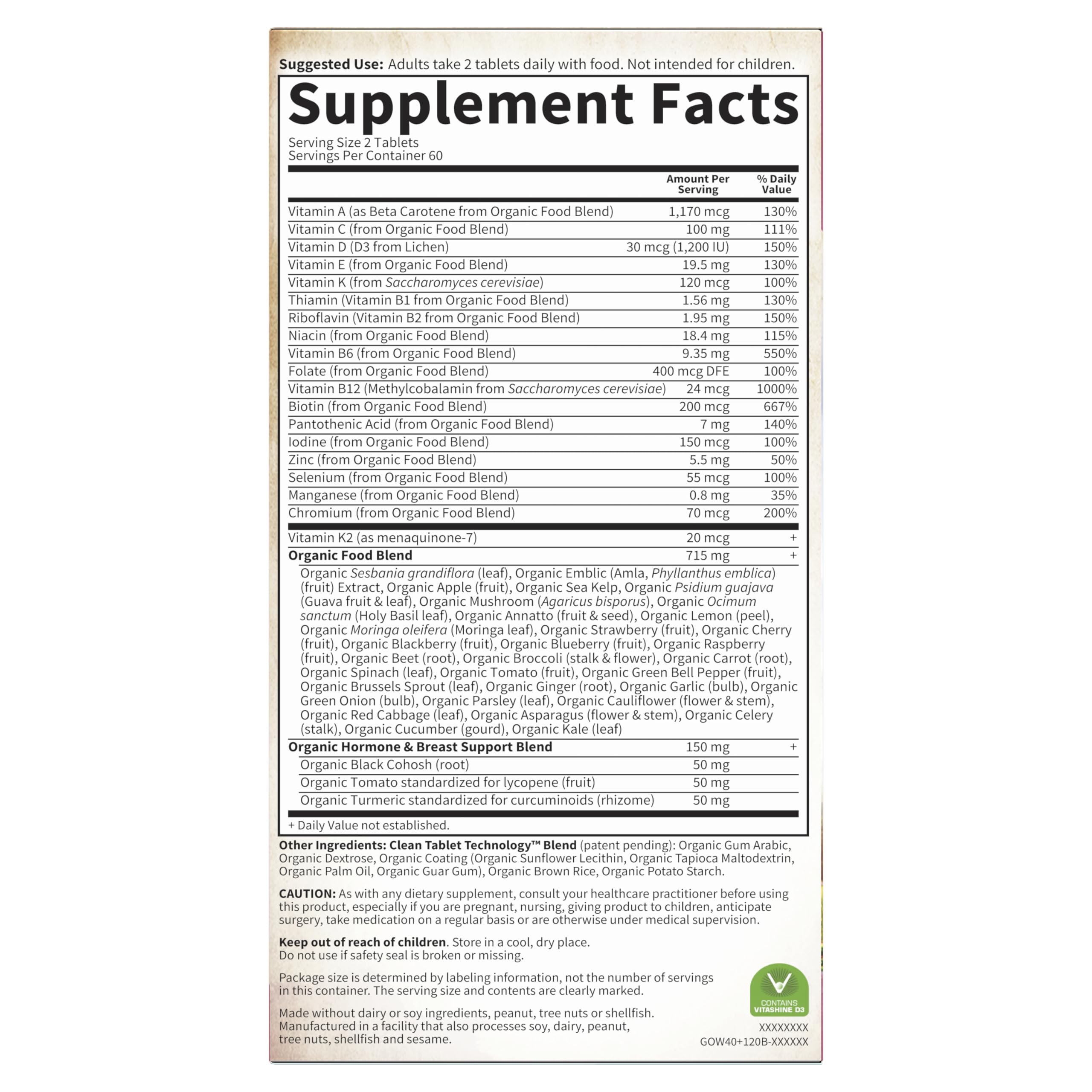 Garden of Life Women's Multivitamin bottle side view mirrors packaging details and dosage guidance.