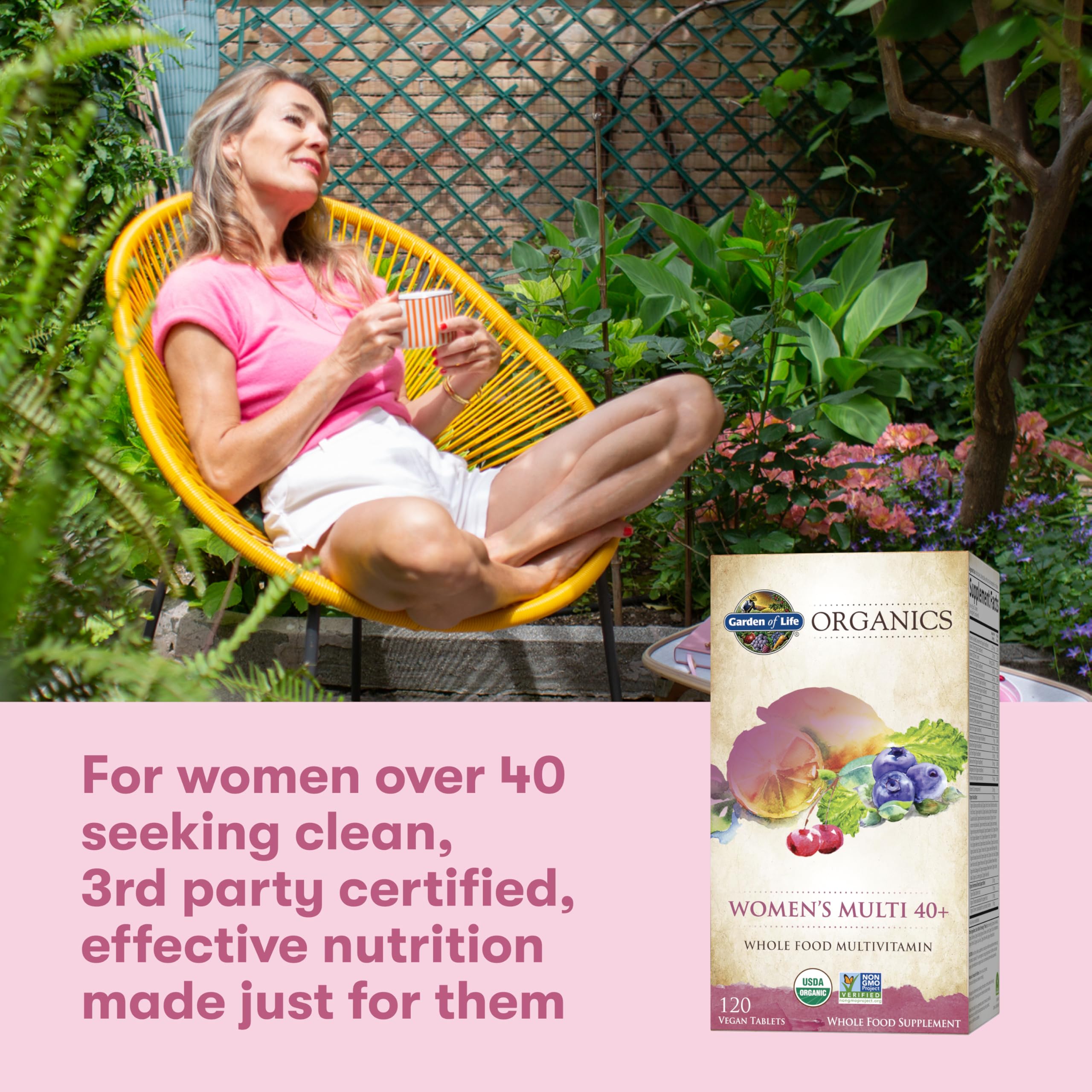 Garden of Life Women's Multivitamin ingredient list image highlights 30+ organic fruits and vegetables.