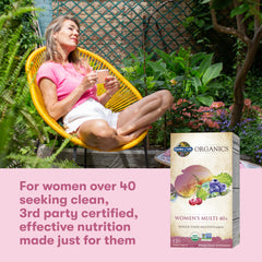 Garden of Life Women's Multivitamin ingredient list image highlights 30+ organic fruits and vegetables.