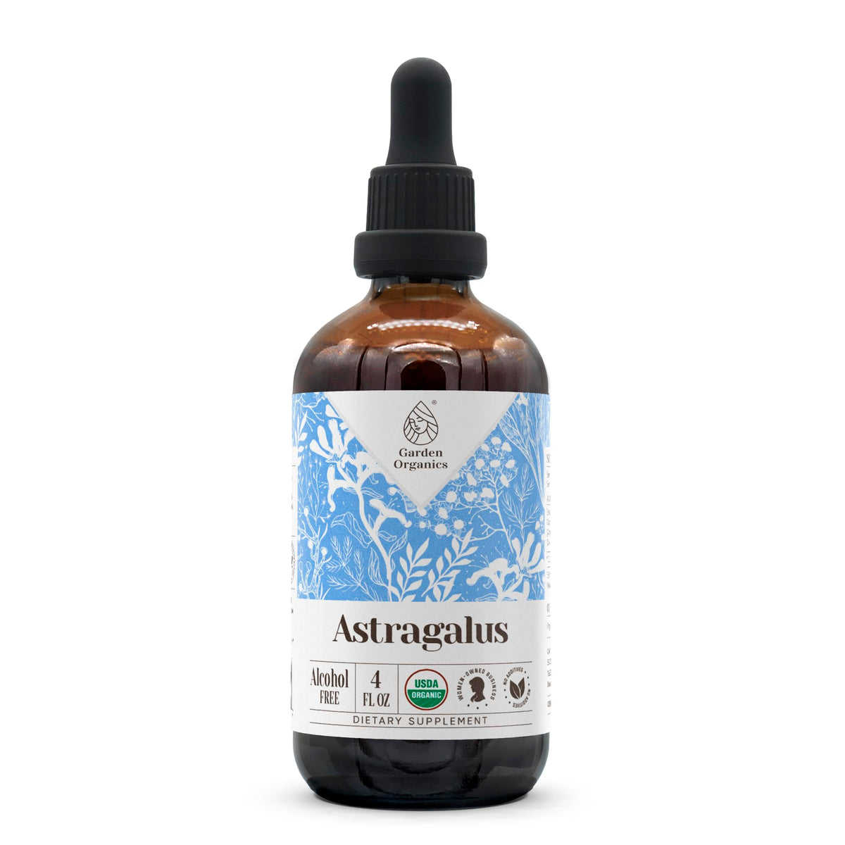 Garden Organics Astragalus organic extract bottle promoting immune balance and daily wellness.