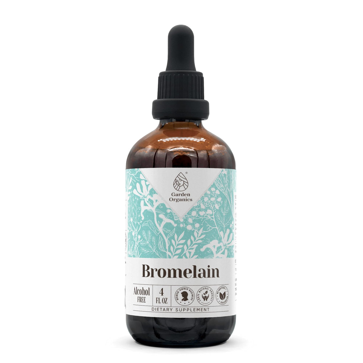 Garden Organics bromelain tincture bottle front view for precise dosing and natural support.