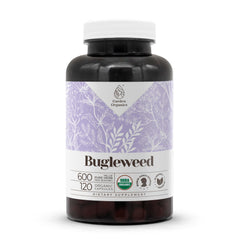Garden Organics Bugleweed bottle label showing organic, non-GMO capsules.