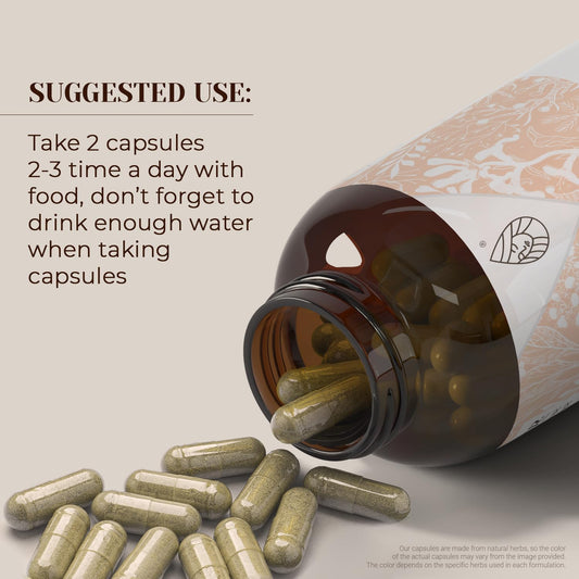 Closeup of Garden Organics Bugleweed capsules highlighting vegan formula.