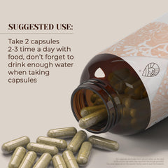 Closeup of Garden Organics Bugleweed capsules highlighting vegan formula.