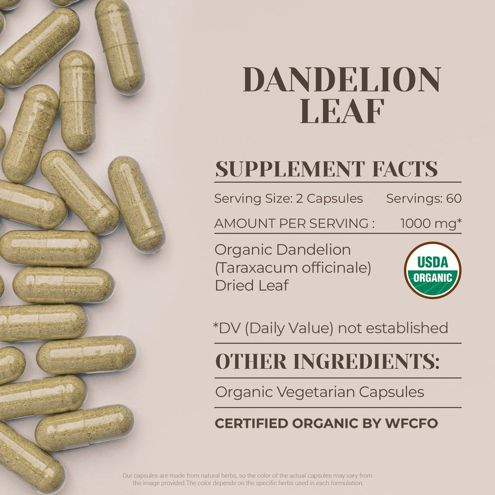 Garden Organics dandelion leaf capsules packaging shot with organic certification emphasis