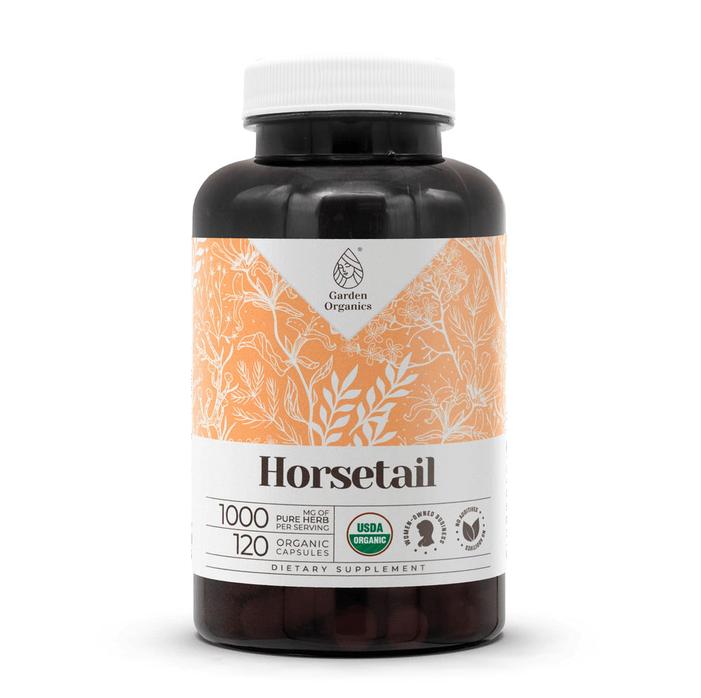 Garden Organics Horsetail bottle front view, showcasing organic packaging and high-potency capsules for daily wellness.