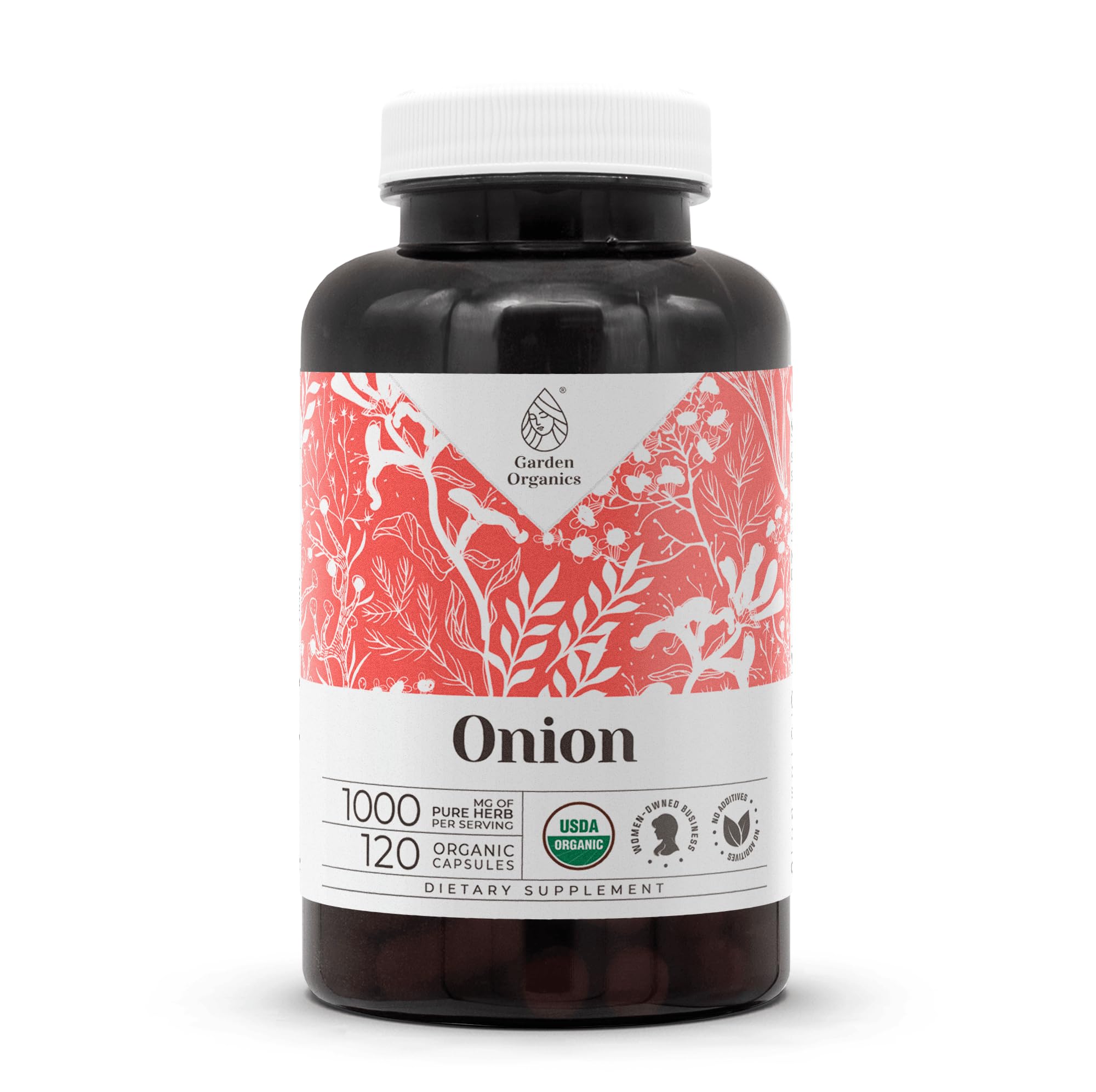 Garden Organics onion capsules bottle with USDA Organic label for daily wellness