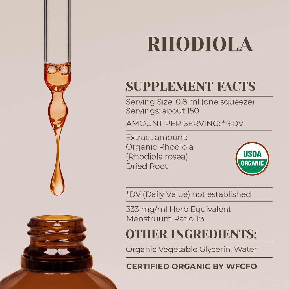 Garden Organics Rhodiola amber tincture label highlighting purity.
