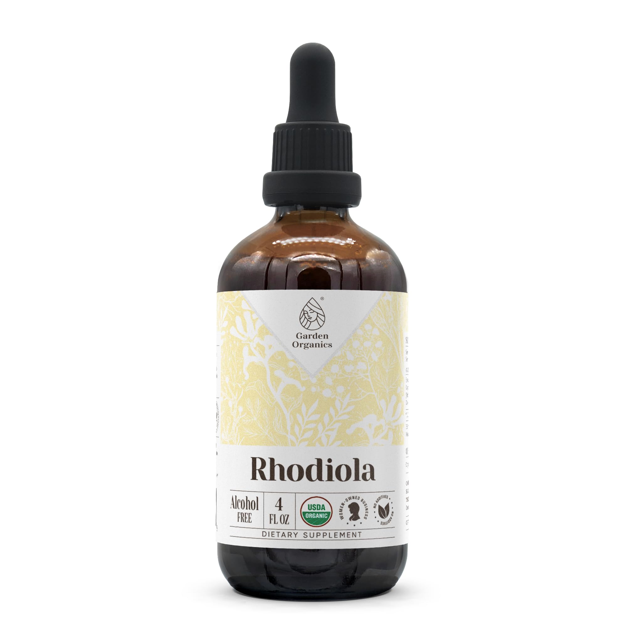 Garden Organics Rhodiola tincture bottle for daily mood support.