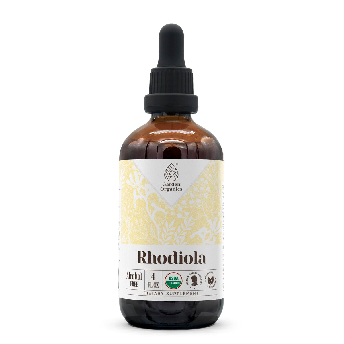 Garden Organics Rhodiola tincture bottle for daily mood support.