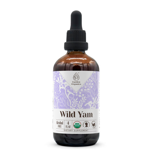 Garden Organics wild yam extract bottle pour highlights high-potency organic tincture