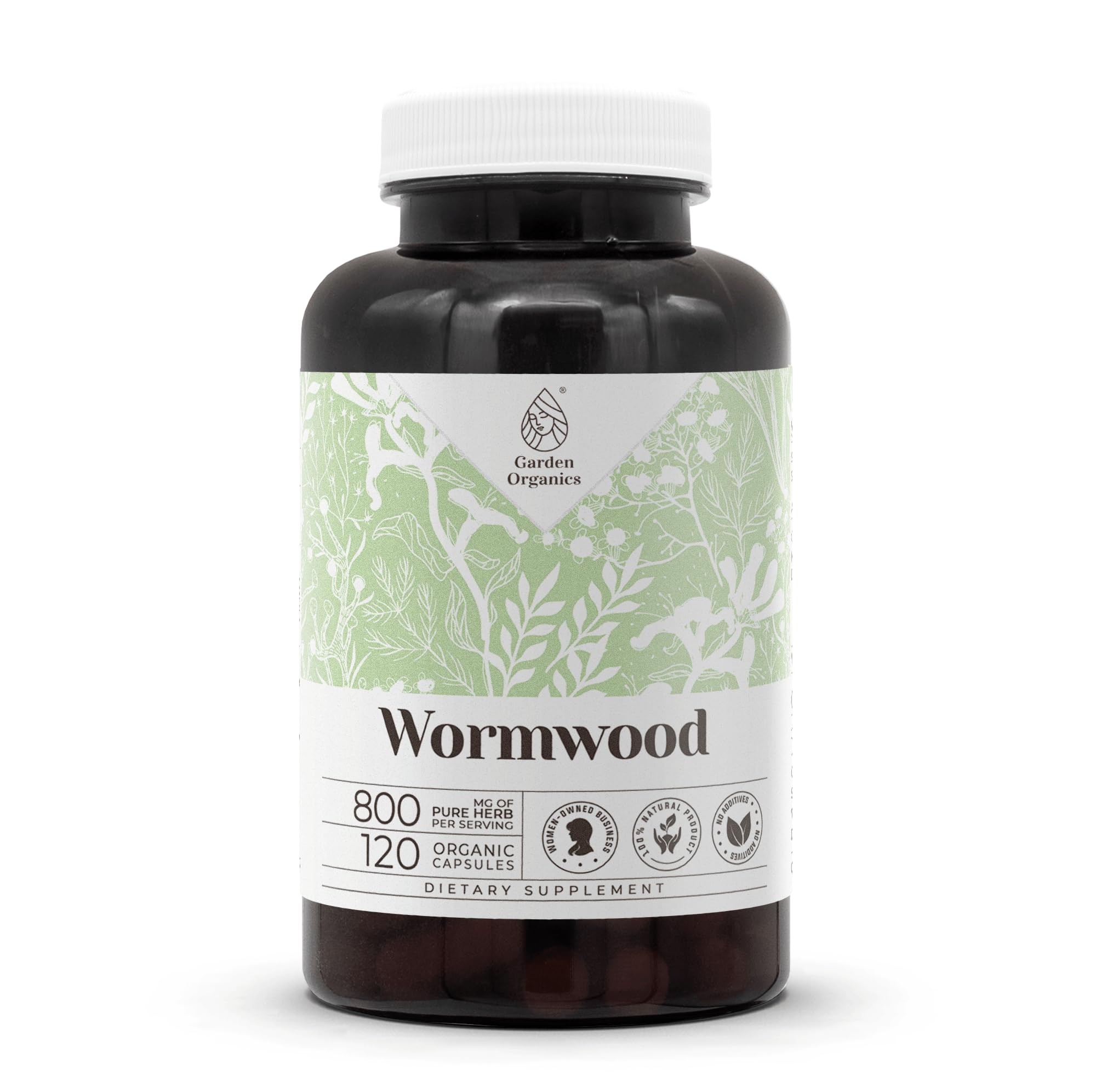 Garden Organics Wormwood capsules bottle-front view showing product purity for daily wellness rituals