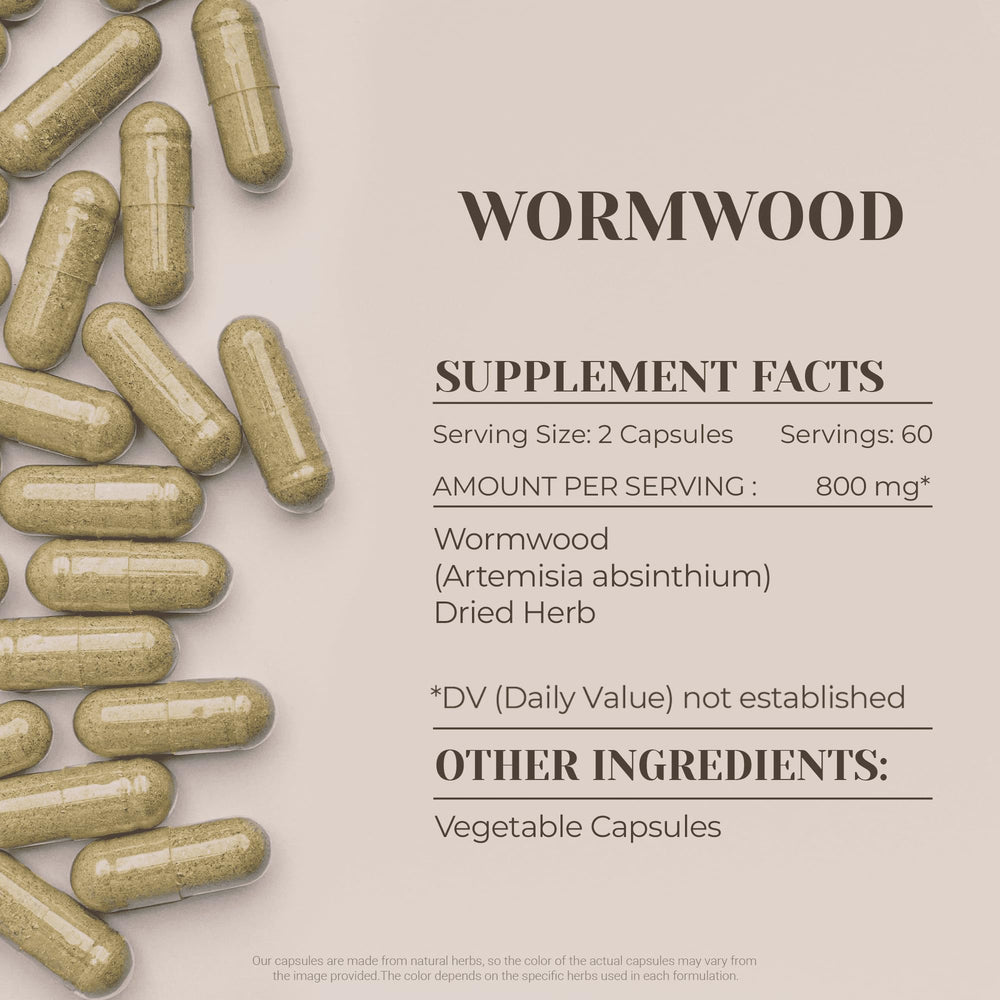 Garden Organics Wormwood capsules close-up revealing green dried wormwood inside