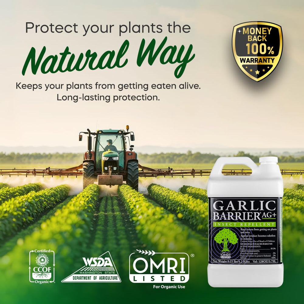 Garlic Barrier 2002 AG+ gallon container highlights size and value