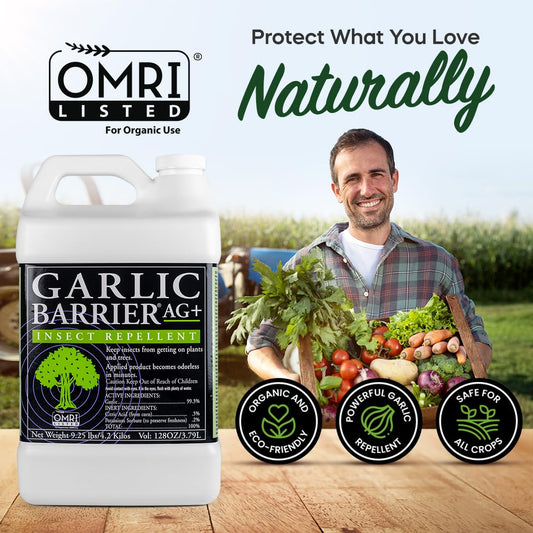 Garlic Barrier 2002 AG+ label closeup highlighting garlic oil formula
