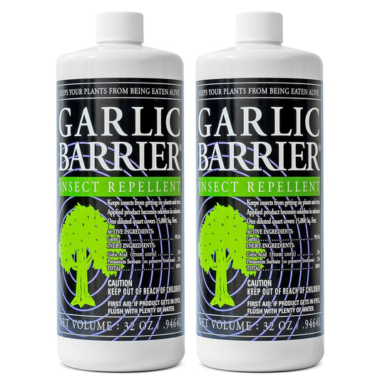 Garlic Barrier bottle pour shows ready-to-use liquid for gardens.