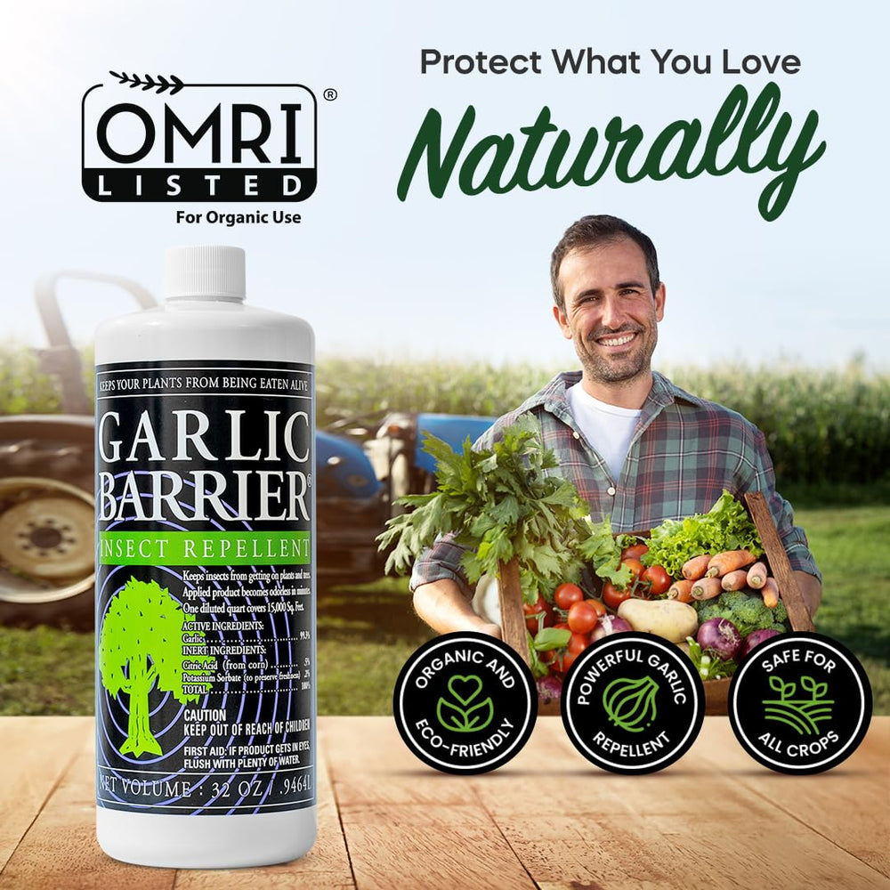 Garlic Barrier label detail highlights OMRI status for organic use.