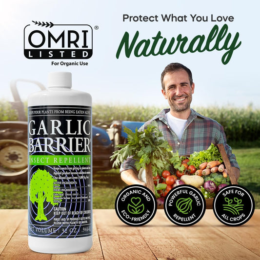 Garlic Barrier label detail highlights OMRI status for organic use.