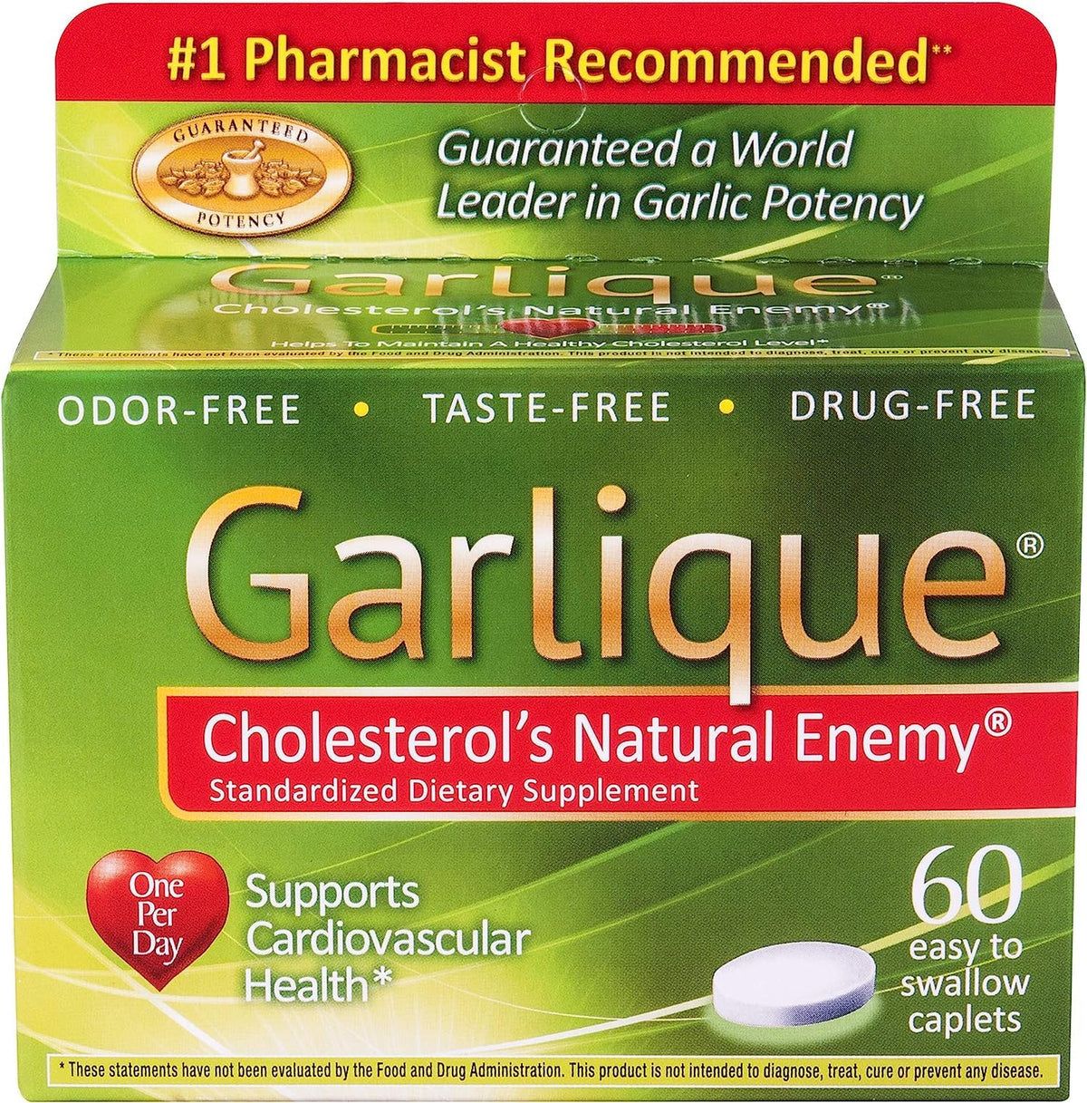 Garlique bottle with two-pack caplets for daily heart health support.