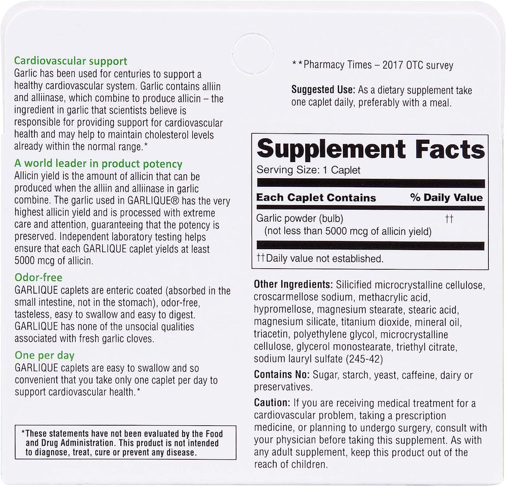 Garlique caplets close-up highlighting easy-to-swallow tablets.