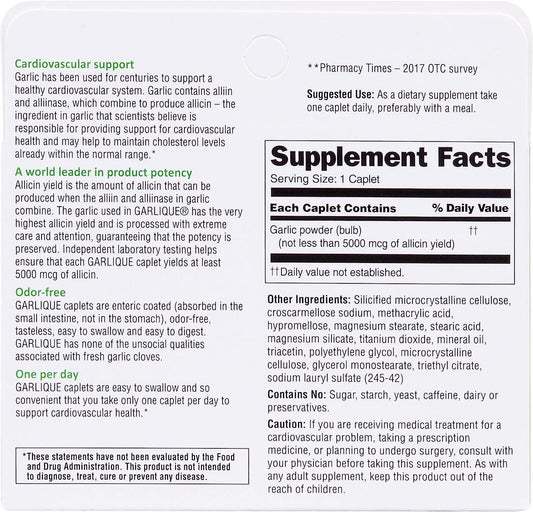 Garlique caplets close-up highlighting easy-to-swallow tablets.