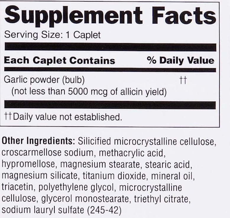 Garlique odor-controlled caplets designed to minimize odor.