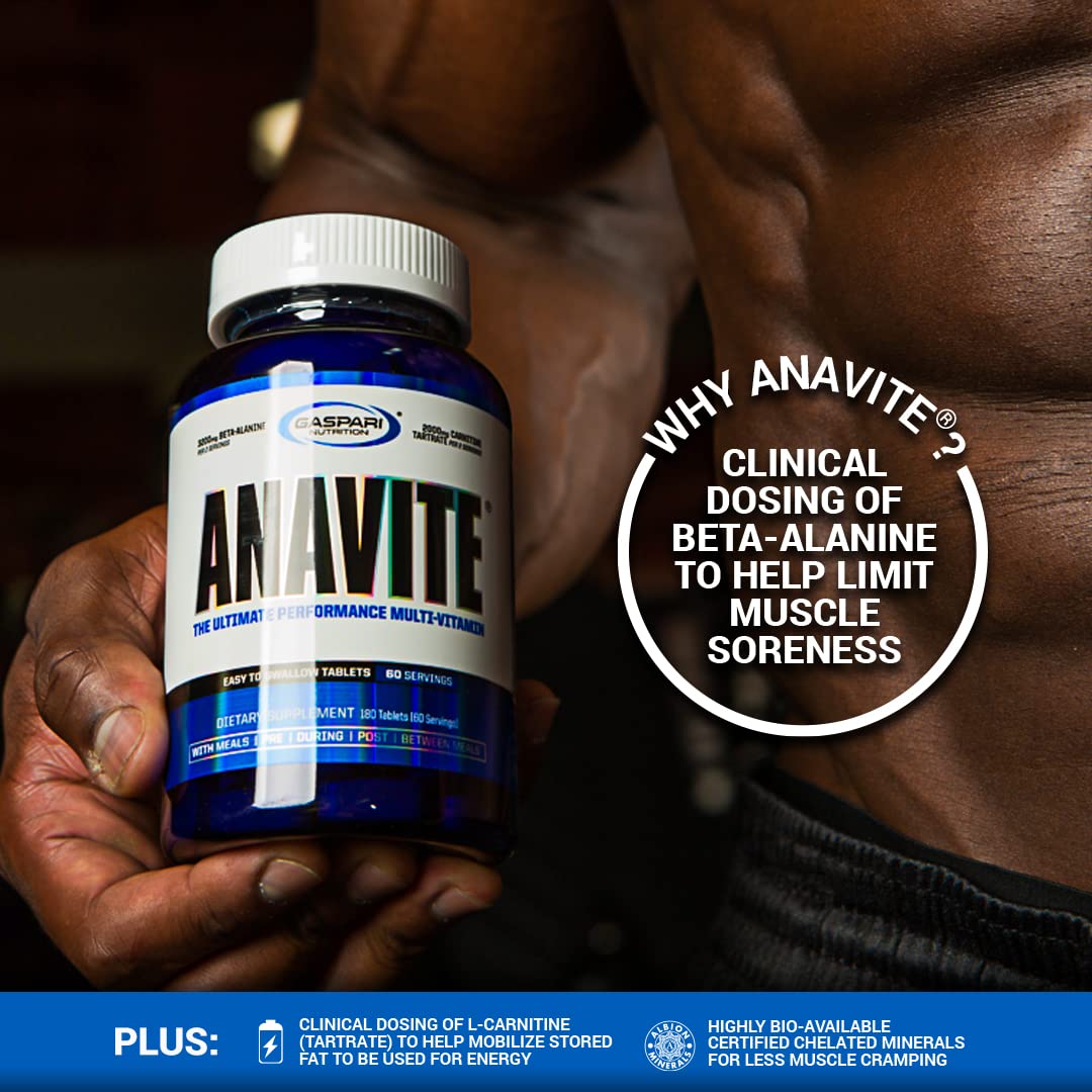 Gaspari Anavite front packaging on a gym bench signaling active lifestyle nutrition