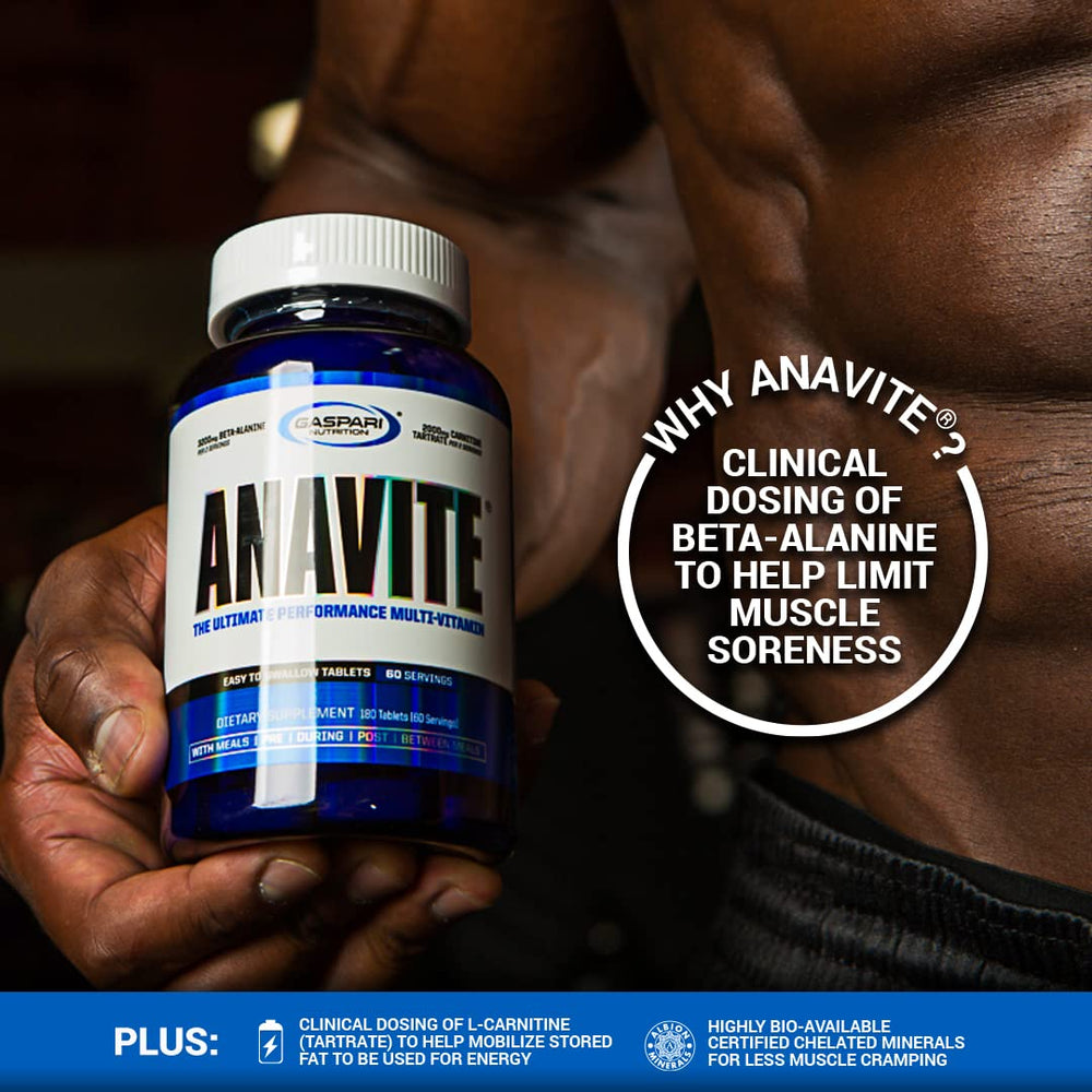 Gaspari Anavite front packaging on a gym bench signaling active lifestyle nutrition