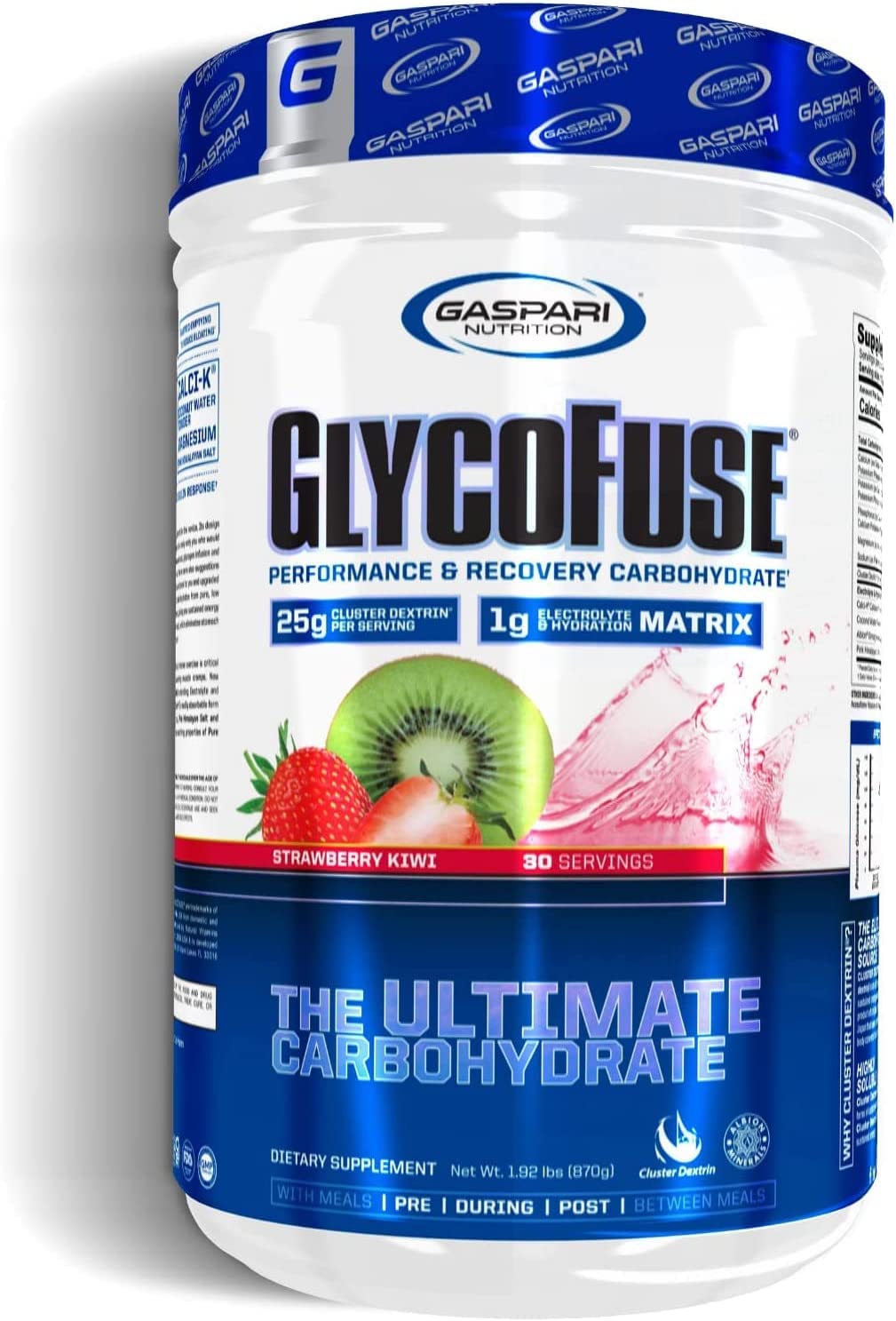 Gaspari Glycofuse tub front with Strawberry Kiwi label for sustained energy during workouts.
