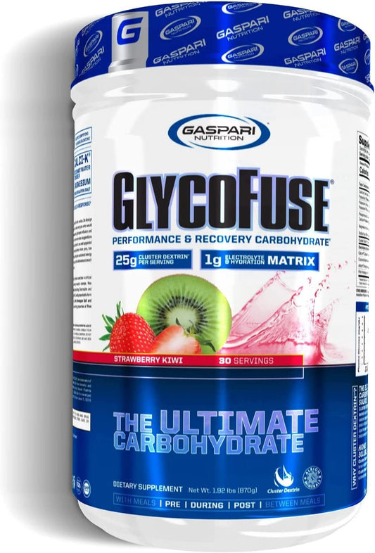 Gaspari Glycofuse tub front with Strawberry Kiwi label for sustained energy during workouts.