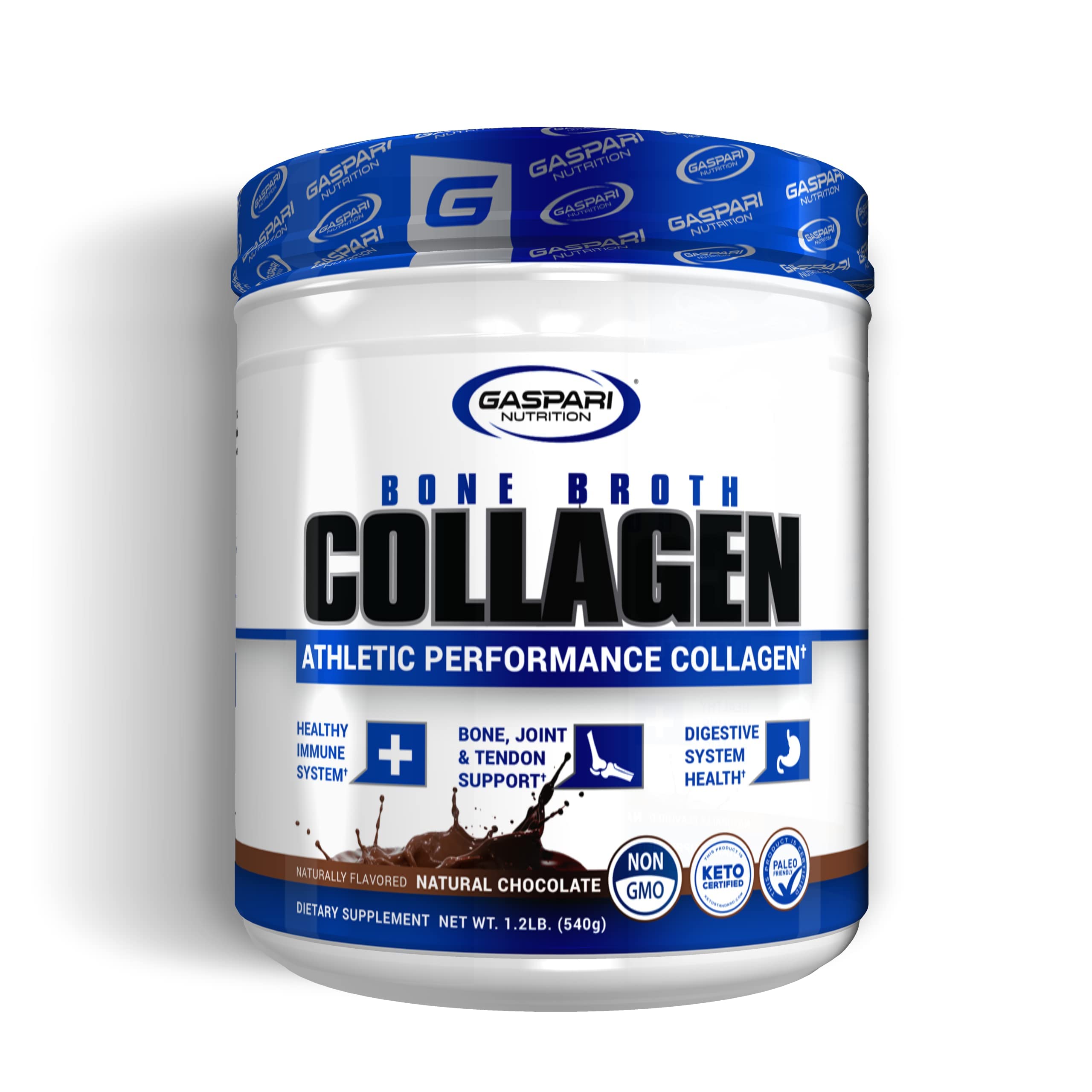 Gaspari Nutrition Bone Broth bottle label, gluten-free and keto-certified fueling option.