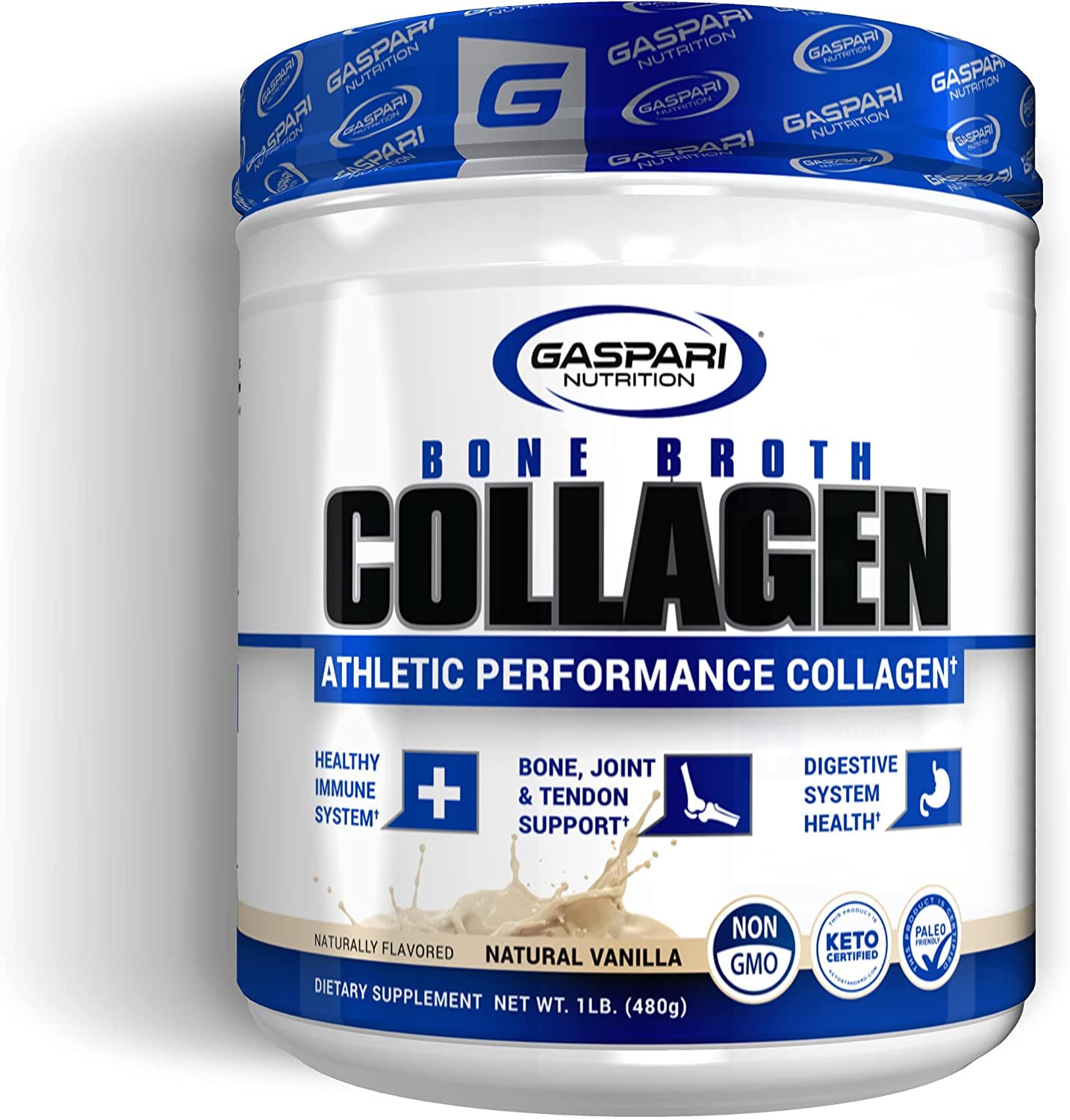 Gaspari Nutrition Bone Broth Collagen bottle showcases natural vanilla flavor for daily protein support.